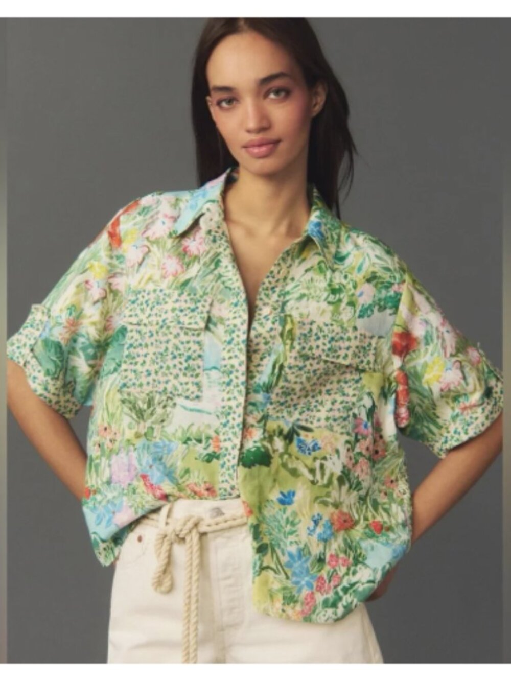 Hunter Bell Hawkins Short Sleeve Button Front Pocket Top Garden Party Print M
